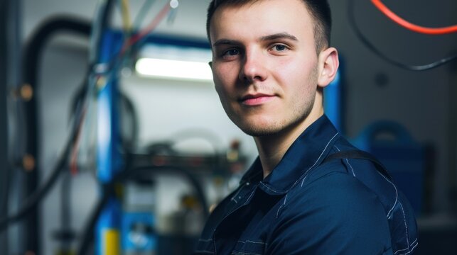 Young Caucasian man with short hair, wearing a blue work uniform, poses confidently in a workshop with machinery in the background.