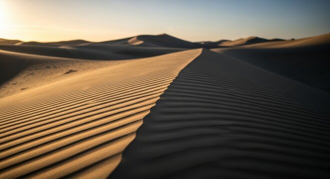 Golden hour light on a textured sand dune crest. Leading lines and abstract patterns in a desert landscape. Commercial concept for travel and exploration. Minimalist natural environment