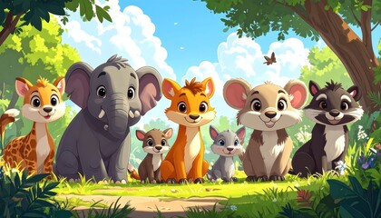 Cartoon forest animals happily pose in a lush, green scene