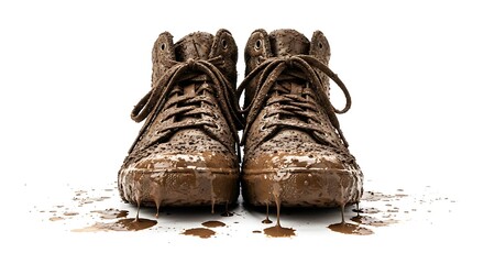 Pair of muddy brown hiking boots with laces tied standing on a white background with dirt and leaves scattered around them