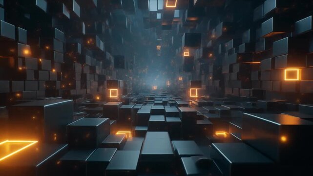 Floating cubes leaving trails of light create a dynamic futuristic scene symbolizing motion energy and digital transformation representing technological flow and abstract spatial design - Powered by Adobe