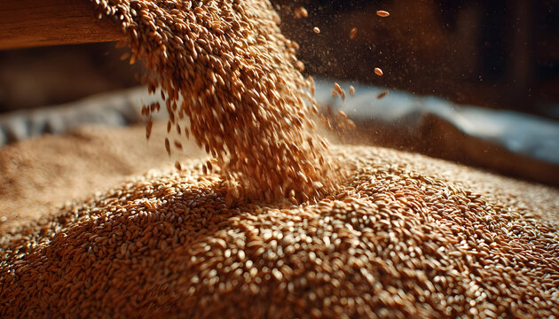 Pouring wheat or barley seeds into a large pile after a successful harvest. Concept of food supply, agribusiness, and commodity trading