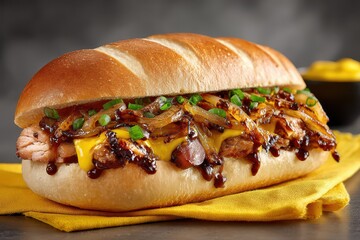 A mouth-watering gourmet grilled meat hoagie with cheese, caramelized onions, and rich sauce.
