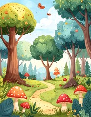 Cartoon forest scene with trees, path, mushrooms, and butterflies
