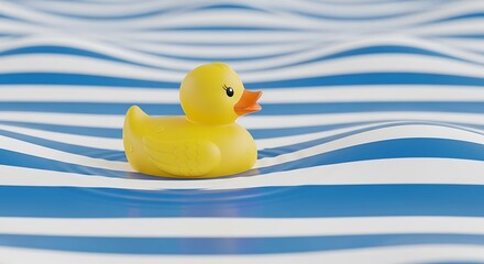 A solitary bright yellow rubber duck toy floats on a wavy surface of blue and white stripes evoking childhood and bath time fun