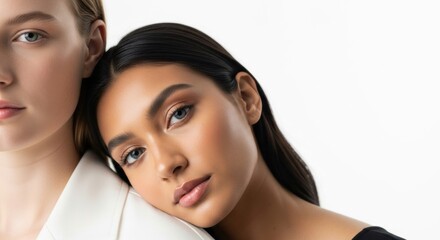 Diverse female beauty portrait with two models. Perfect glowing skin for skincare advertising. Inclusive cosmetics marketing concept. Young Caucasian and mixed race women together