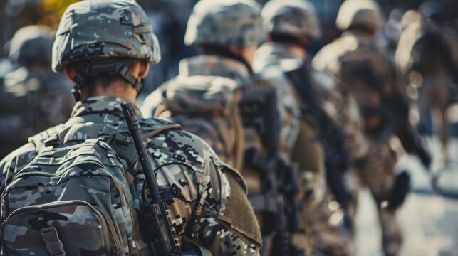 A line of soldiers in military uniforms walking in formation. The scene captures the discipline and unity of the armed forces.