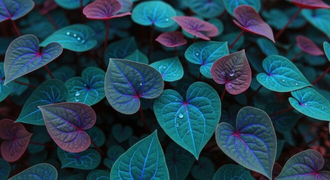 Surreal botanical background of heart shaped foliage. Exotic plant life with glowing veins and water droplets. A romantic nature concept for love and environmental themes