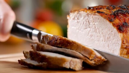 Close up of a succulent pork roast being expertly carved, showcasing its golden crust and moist interior. Ideal for culinary blogs, recipe websites, and food photography portfolios
