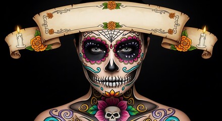 Intricate sugar skull makeup on a woman with a decorative banner and candles symbolizing day of the dead celebration
