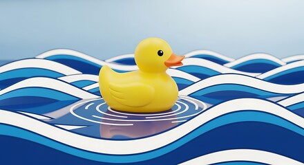 A cheerful yellow rubber duck floats serenely on stylized blue and white wavy water creating ripples around its base
