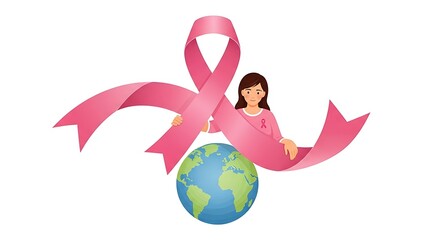 Woman holding pink ribbon and globe symbolizing breast cancer awareness and global support for health and hope