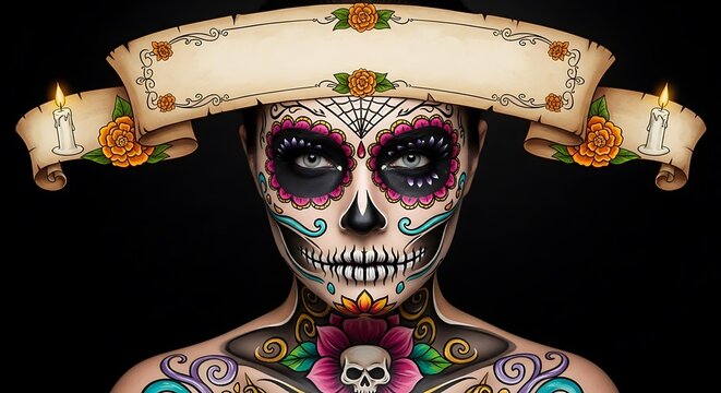 Intricate sugar skull makeup on a woman with a decorative banner and candles symbolizing day of the dead celebration