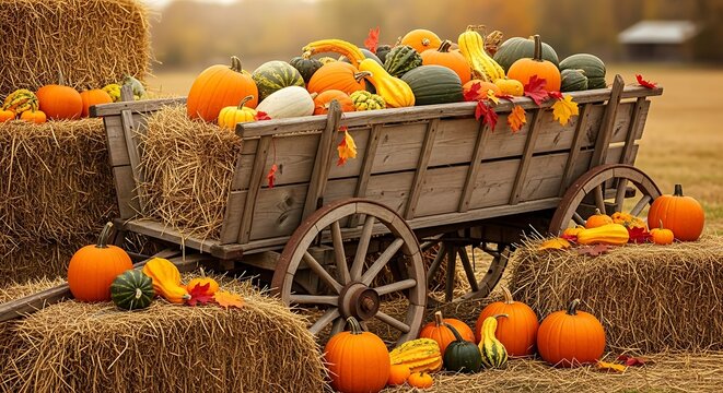 Rustic wooden wagon overflowing with colorful autumn pumpkins gourds and squash surrounded by hay bales in a warm outdoor setting