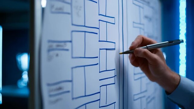 A person is carefully sketching a tournament bracket on a whiteboard, planning the progression of teams. The glowing blue ambiance and trophy highlight the excitement of competitive events