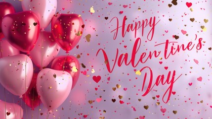 Colorful heart-shaped balloons in pink and red shades with golden confetti. A festive background celebrating love and Valentine's Day.