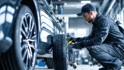 Experienced auto mechanic works on car maintenance, inspecting and securing a tire in a well lit, contemporary garage. Precision and expertise highlight the importance of regular vehicle service
