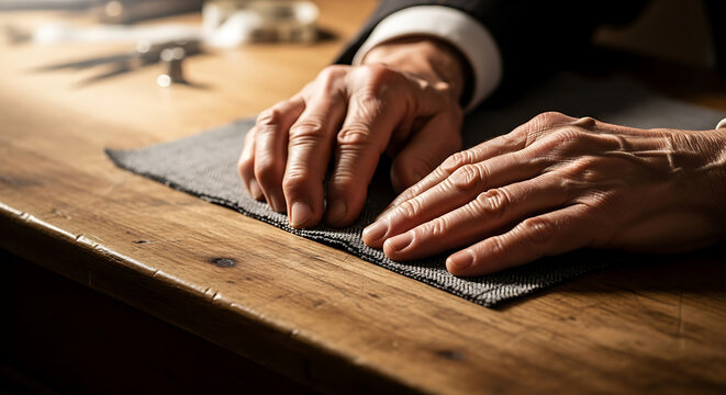 Close up of a tailor's hands carefully measuring and cutting fabric for a custom suit on a wooden table with tailoring tools - Powered by Adobe