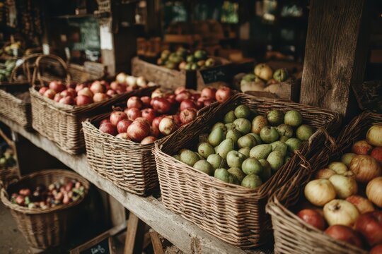 Fresh organic red apples and green pears in rustic baskets at a farmer's market.