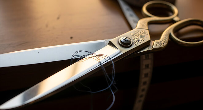 Professional tailor's scissors with measuring tape for fabric cutting and sewing crafts - Powered by Adobe