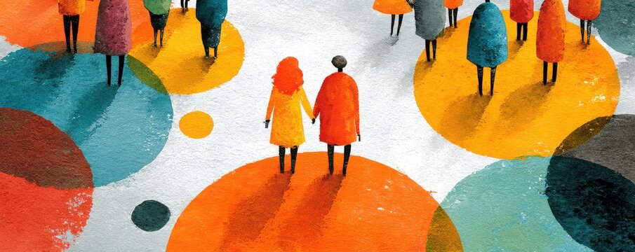 Colorful illustration of people standing on bright circular platforms, holding hands in a connected community