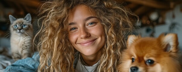 Smiling woman with curly hair on sofa with cat and dog in cozy home setting