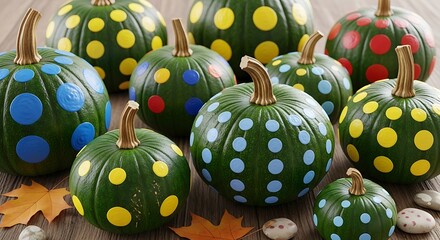 A festive collection of green pumpkins decorated with colorful polka dots in yellow blue and red for halloween and autumn celebrations