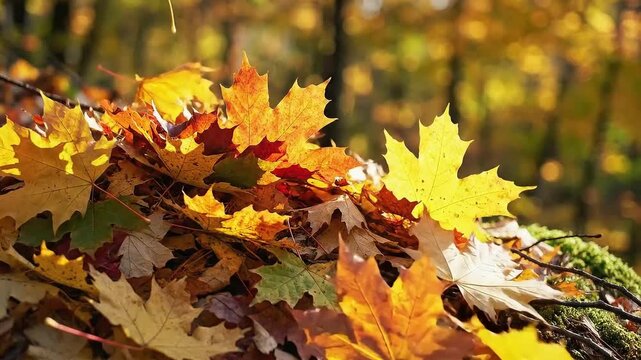 A vibrant pile of colorful autumn maple leaves on the forest floor, bathed in warm sunlight. closeup video of falling leaves.