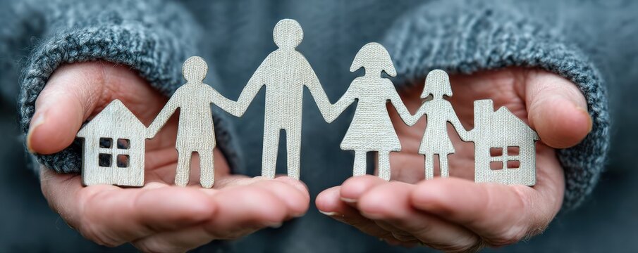 Family unity and home care represented by paper cutout figures held in hands