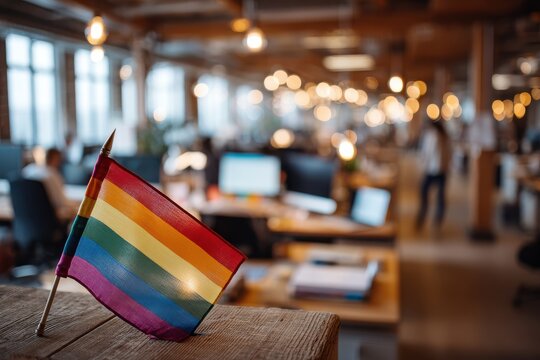 Office rainbow flag in a busy modern workplace creating an inclusive, diverse work environment