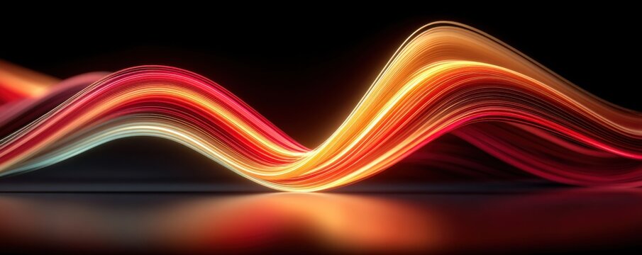 Abstract neon light waves swirl across a dark background in vibrant red and gold ribbons