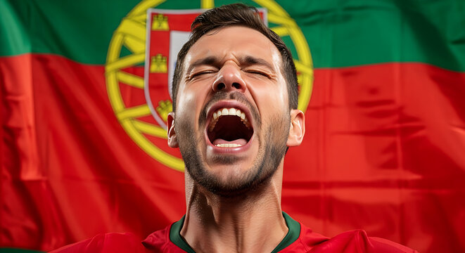 Passionate Portuguese man celebrating football victory with national flag waving behind him - Powered by Adobe