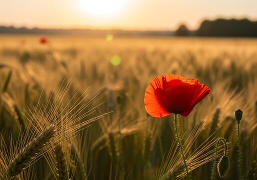 Vibrant red poppy blooming in a golden wheat field at sunset with soft sun flare - Powered by Adobe