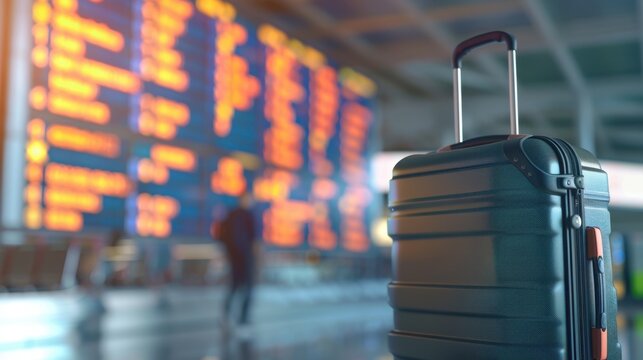 Black hard-shell suitcase with extended handle in airport terminal near large digital flight information board.