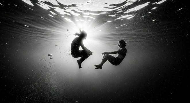 Two female silhouettes floating weightless in deep water. A conceptual metaphor for human connection and the subconscious. Artistic black and white vision of freedom and tranquility