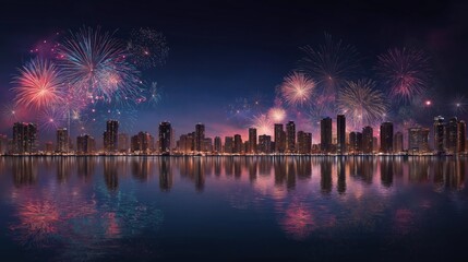 City skyline fireworks night panorama