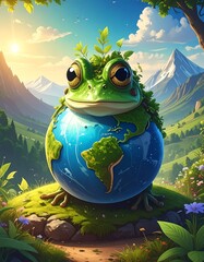 Cartoon frog hugging the Earth, overlooking mountain range, sunny day