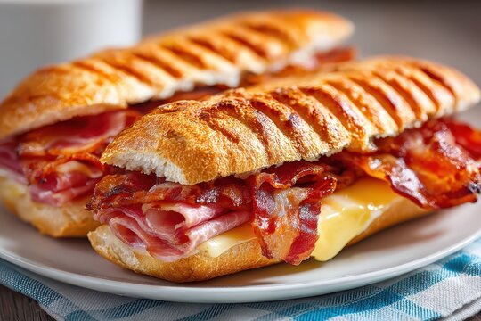 Delicious crispy panini sandwiches with bacon, ham, and melted cheese.