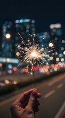 Sparkler in hand with city lights bokeh at night