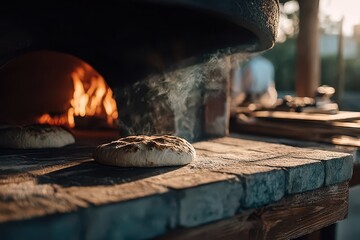 Rustic wood-fired oven baking flatbreads, glowing fire and rising steam.