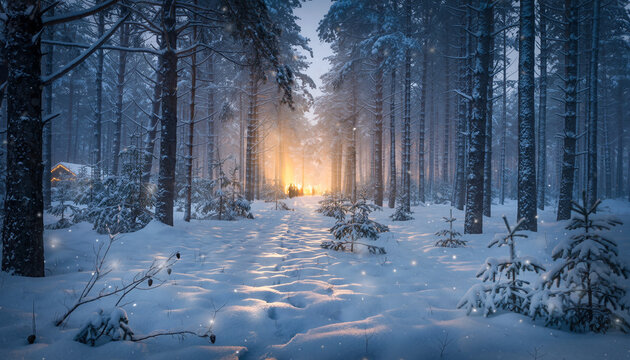 A path through a snow-covered forest leads to a bright, warm light emerging from the trees on a cold winter evening.