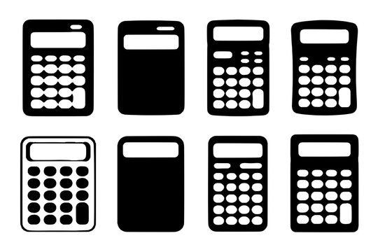 Eight Flat Black and White Calculator Icons in a Grid, Featuring Solid and Outlined Styles with Varied Button Layouts and Details.