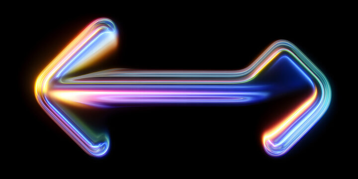 Liquid glass holographic y2k curve arrow icon with bright neon gradient isolated on black background. Pointer symbol, direction sign, infographic element for web interface, render set