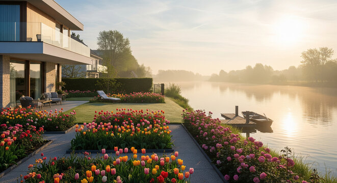 villa by the river in the morning with flower beds