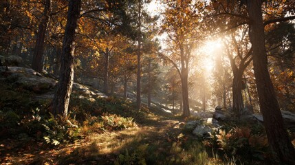 Obraz premium Forest clearing with orange and yellow leaves, sun shining through trees, ultra realistic 8k