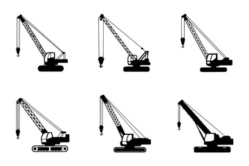 Six Flat Design Black and White Construction Crane Icons in a 2x3 Grid, Featuring Crawler and Mobile Cranes with Varied Booms, Chassis, and Cabins, Displaying Solid Black and Mixed Outline Styles.
