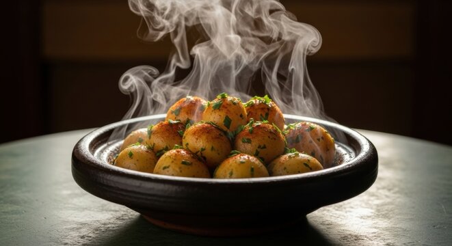 Hot steaming new potatoes with herbs and spices. Rustic earthenware bowl with a savory side dish. Gourmet comfort food concept for culinary marketing. Healthy vegetable meal