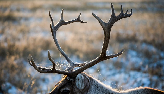 Majestic reindeer with large antlers stands in a snowy tundra during a soft golden hour sunset, showcasing its wild nature. - Powered by Adobe