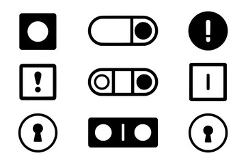 Minimalist Black and White UI Icon Set in a 3x3 Grid. Features Toggle Switches, Alert Symbols, Record Buttons, and Keyholes, Presented in Flat and Outlined Styles.