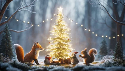 Fototapete Waldtiere Cute forest animals gather around a decorated Christmas tree in a snowy woodland clearing illuminated by twinkling fairy lights.  © ASAD